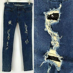 Selvage Blue Skinny Jeans Women 25 Ripped Distressed with Black Sequins
